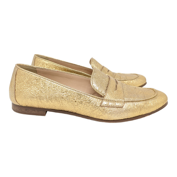 J. Crew Charlie Leather Crinkled Metallic Gold Loafers Size 8 - Picture 3 of 6
